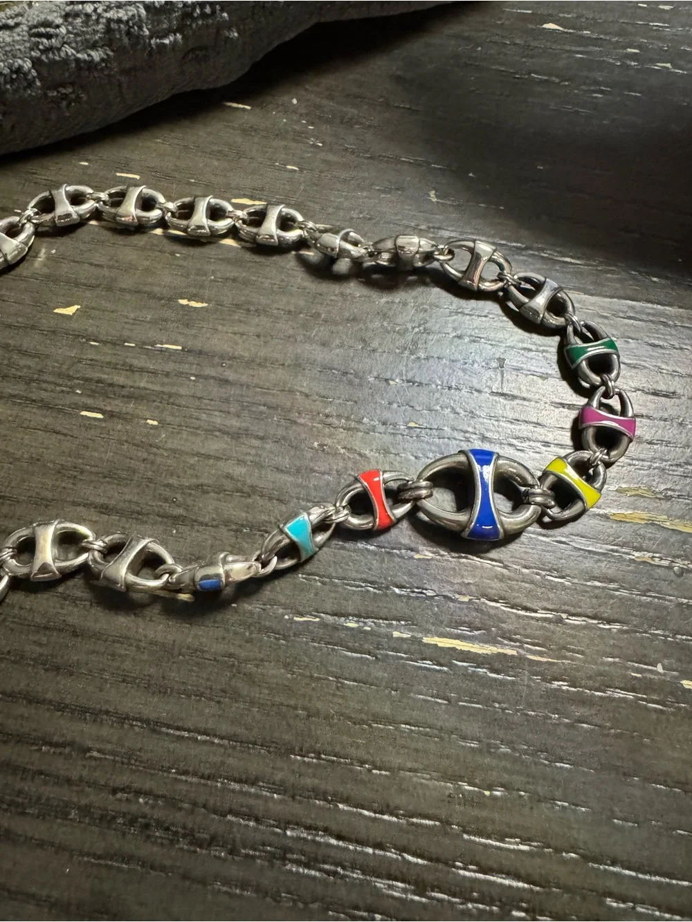 Brighton Silver Link Necklace with Blue and Orange Enamel Accents